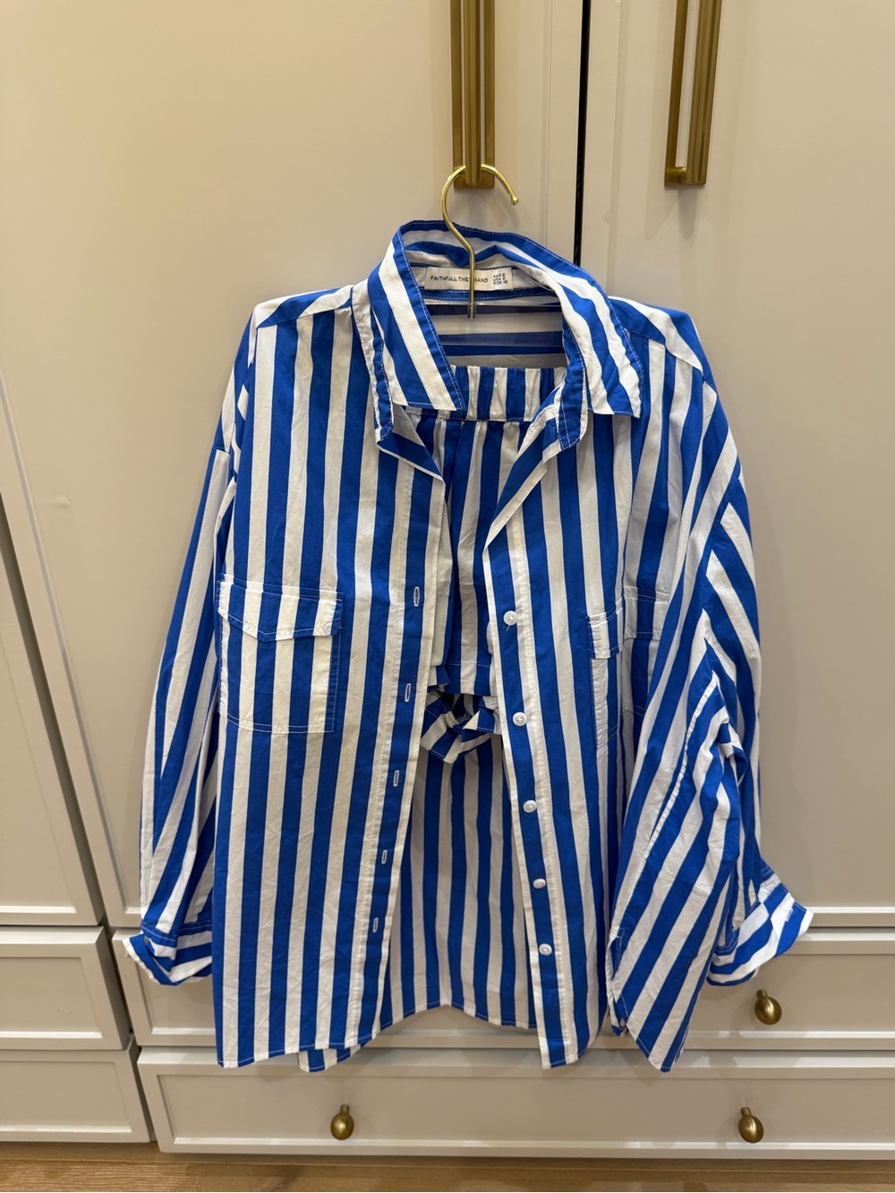Blue & White Vertical Stripe Button-Up Shirt and Elastic waist Short Set